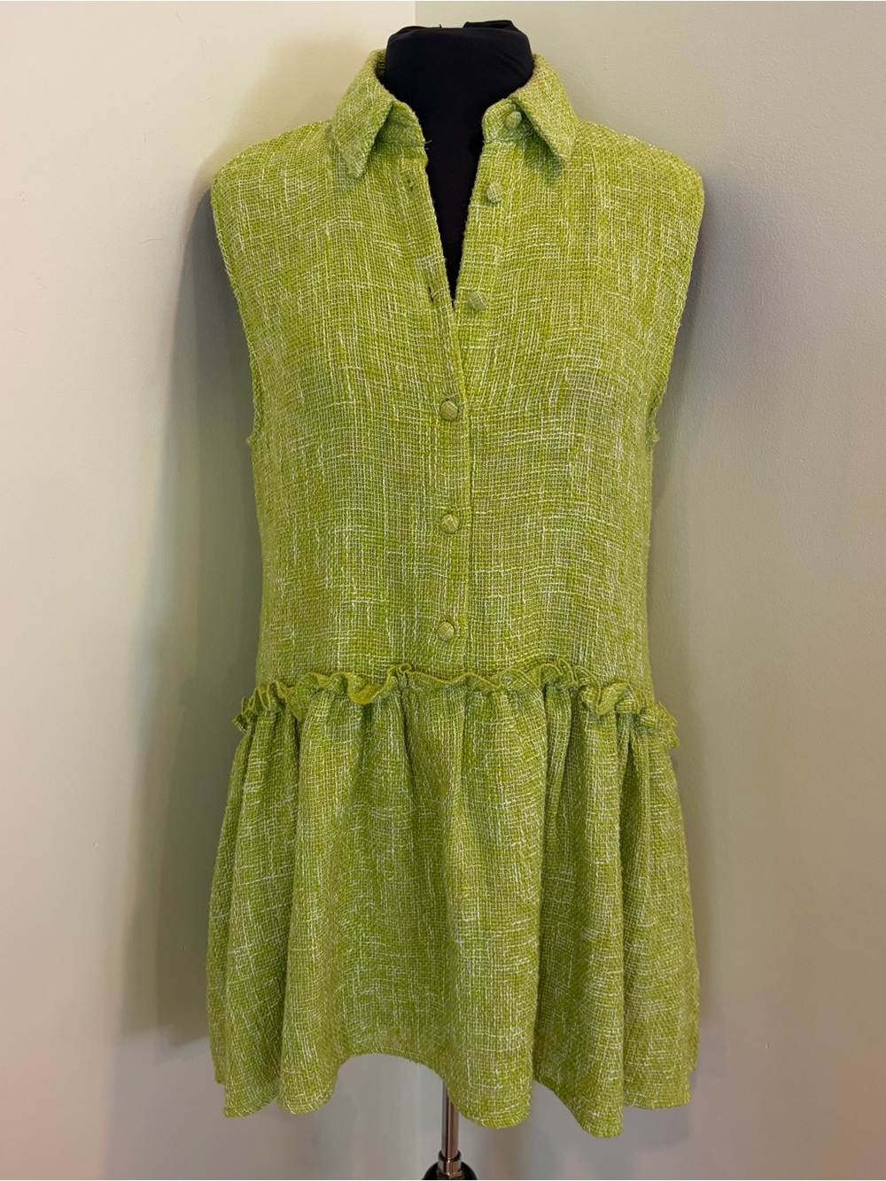 ZARA TEXTURED MINI GREEN HEATHER WHITE KNIT COLLAR DRESS small - Picture 8 of 11